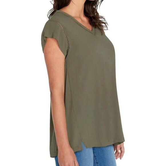 BUFFALO DAVID BITTON V-Neck Short Cap Sleeve Top Solid Olive Green Boho Small S - Picture 3 of 14